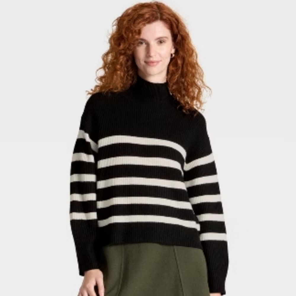 a new day Black and Cream Striped Turtleneck Sweater